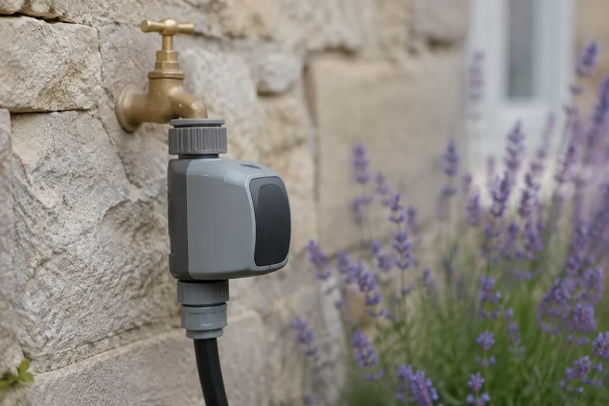 Programmateur d&rsquo;arrosage fixé sur un robinet extérieur au jardin