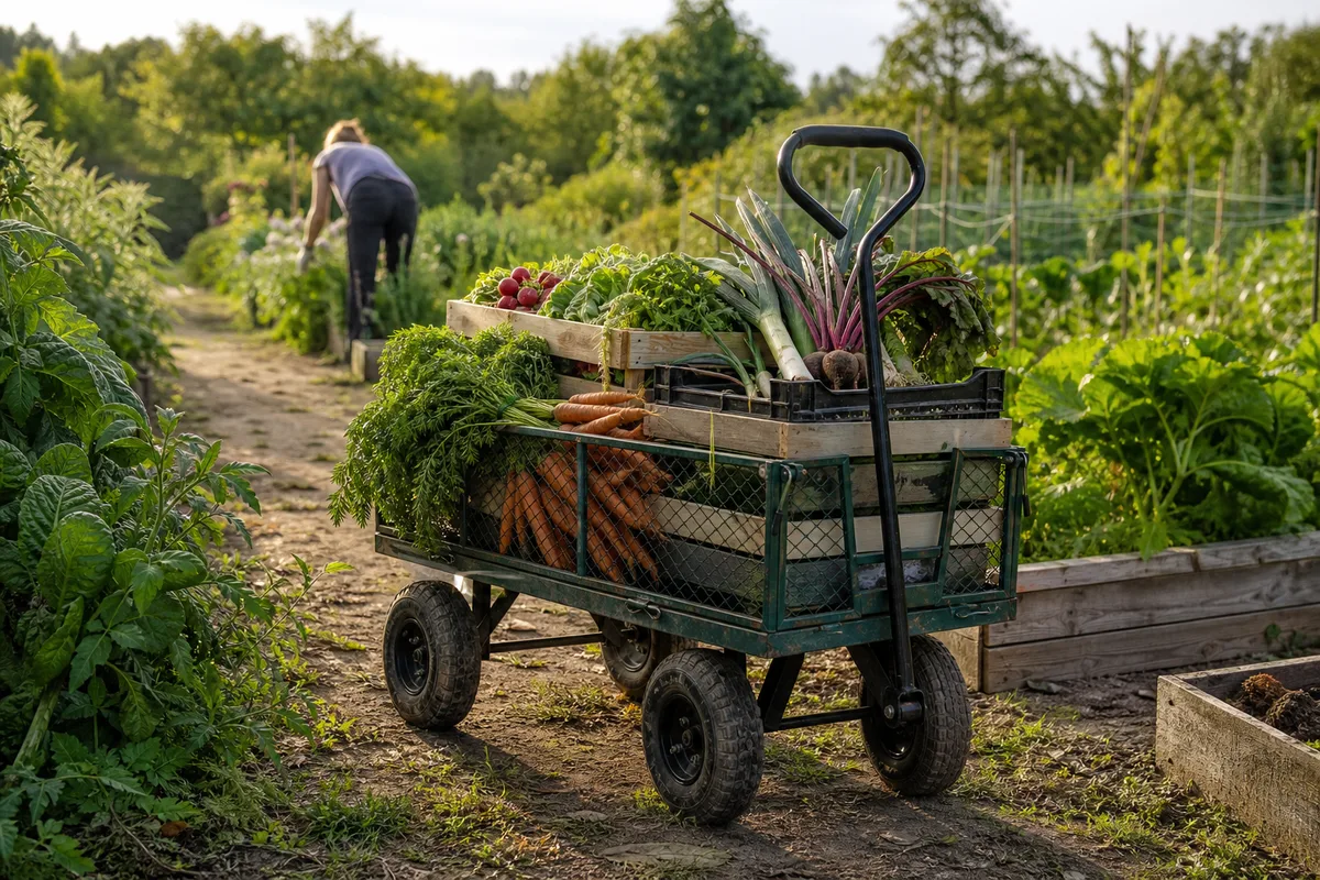 Chariot de jardin quatre roues chargé de légumes fraîchement récoltés dans une allée de potager