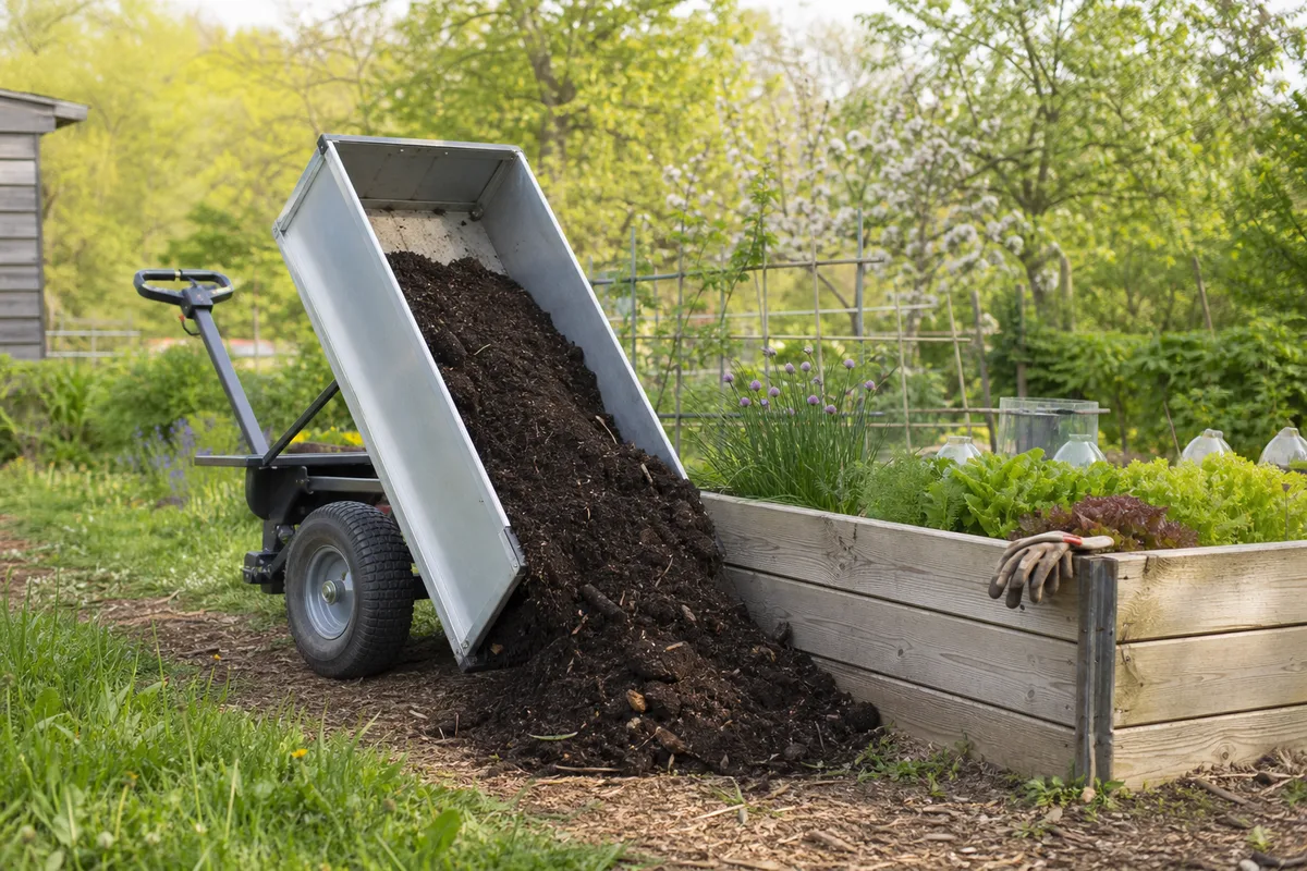 Chariot basculant déversant du compost au pied d&rsquo;un carré de potager en bois