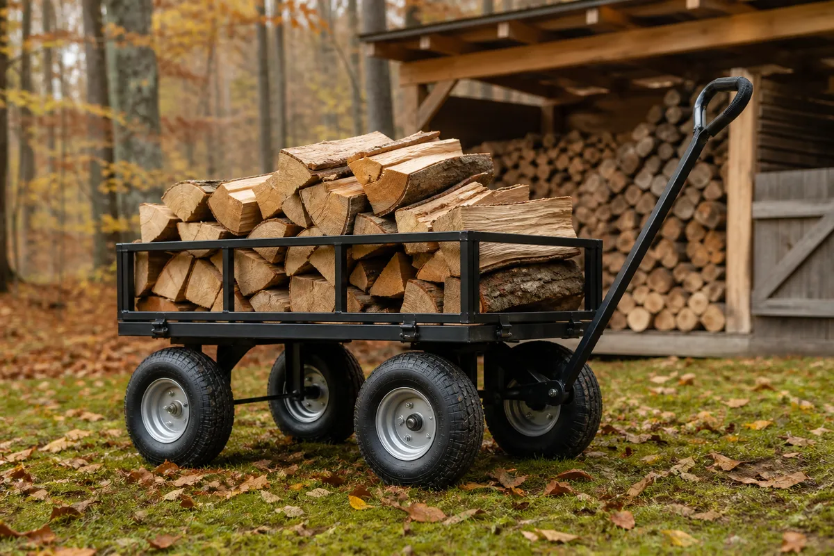 Chariot de jardin chargé de bûches de bois de chauffage sur une pelouse en automne