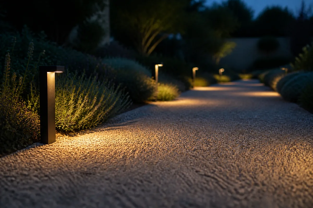 Allée de jardin balisée par des bornes basses au crépuscule