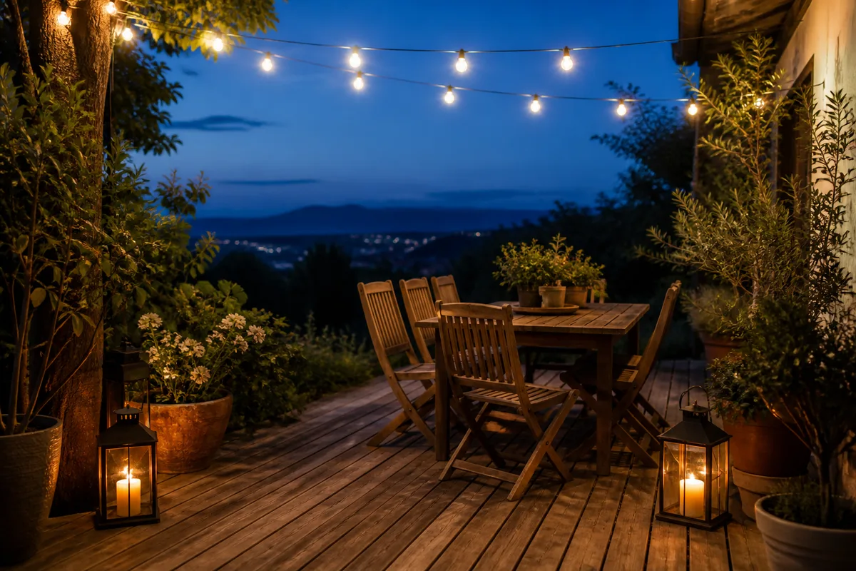 Terrasse en bois éclairée par des guirlandes basse tension à la tombée de la nuit