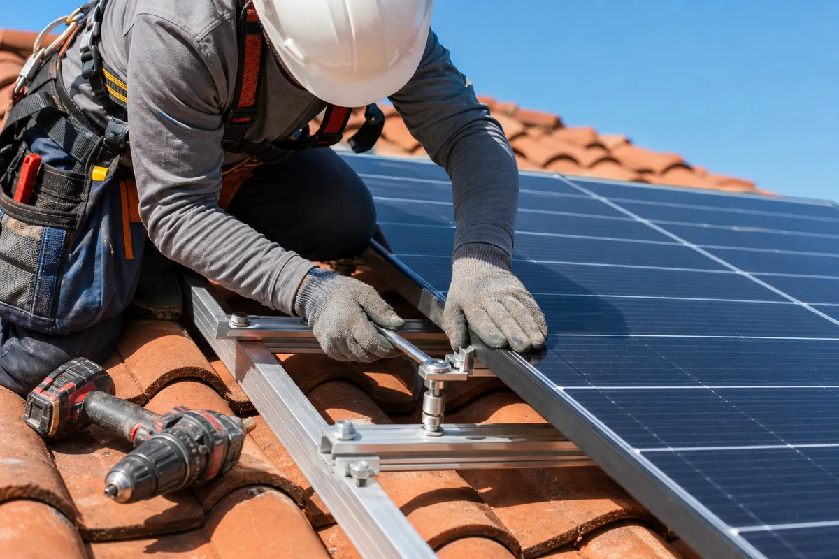 Installateur posant des panneaux solaires sur le toit d’une maison de la Loire