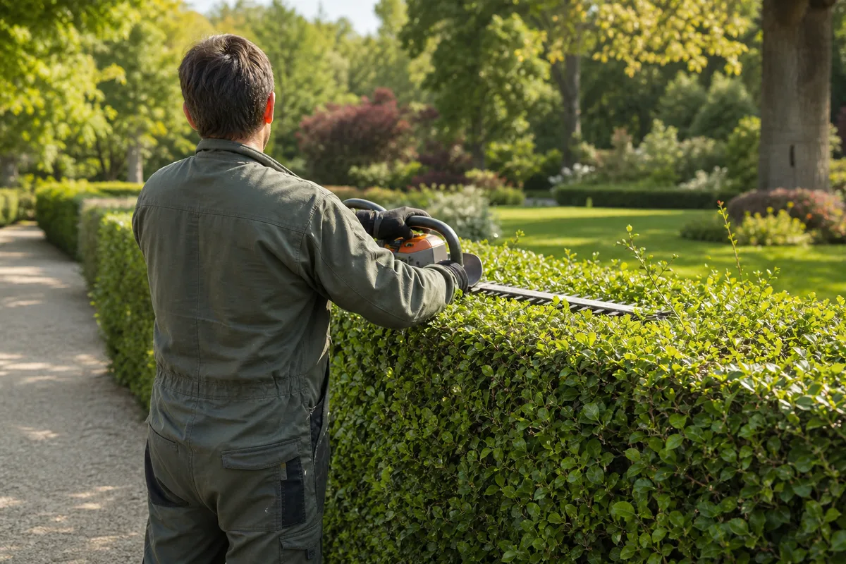 Jardinier de dos taillant une haie dans un parc paysager en pleine journée