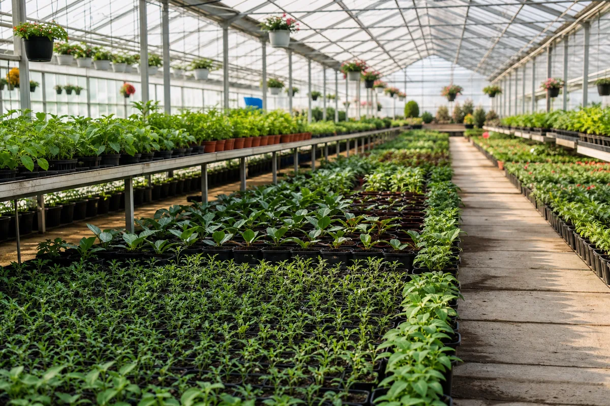 Serres horticoles avec rangées de jeunes plants sous lumière naturelle