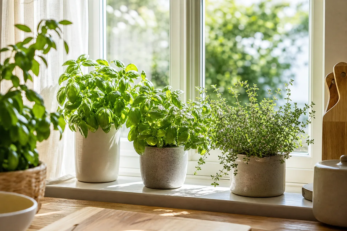 Pots de basilic et de thym alignés sur un rebord de fenêtre lumineux de cuisine