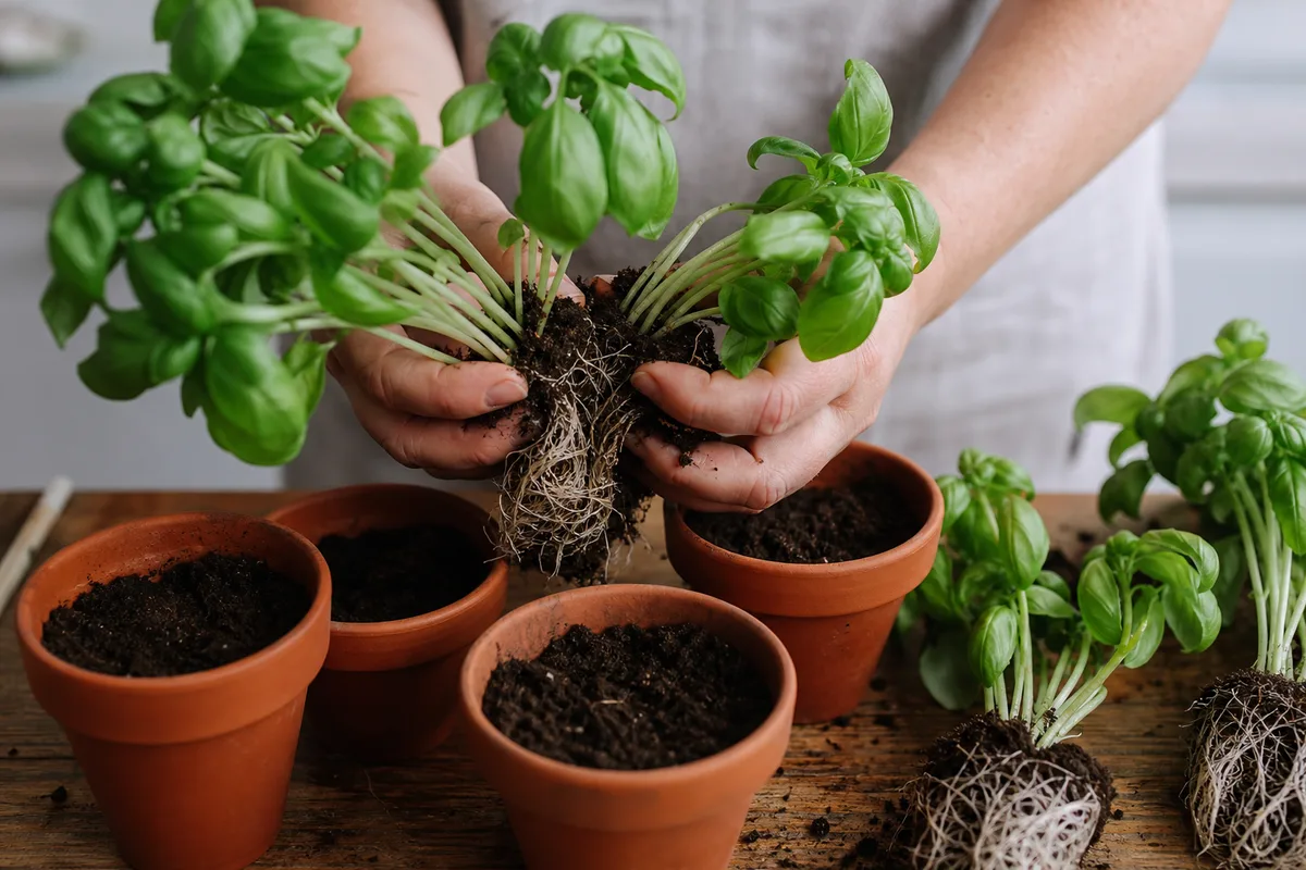 Mains divisant une motte de basilic au-dessus de pots en terre cuite sur un plan de travail
