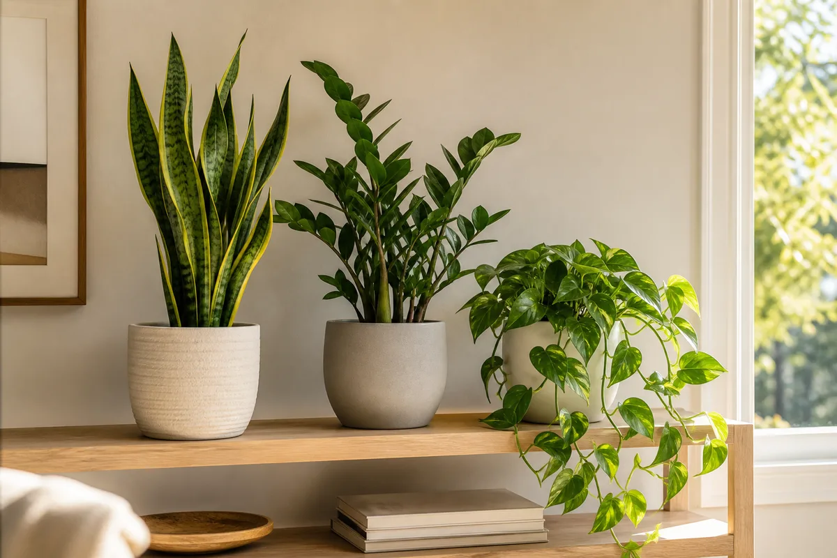 Sansevieria, ZZ plant et pothos regroupés sur une étagère lumineuse