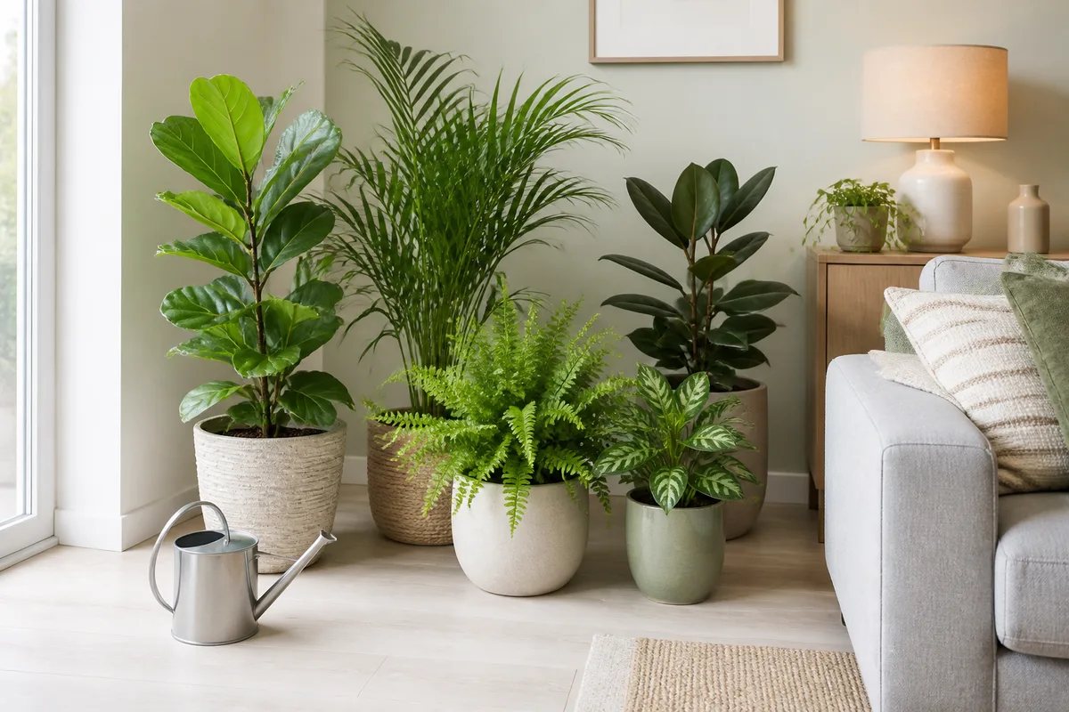 Composition de plantes vertes de hauteurs variées dans un salon clair